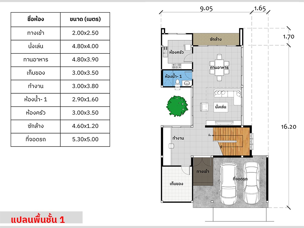 แปลนชั้น 1 แบบบ้านโมเดิร์น 2 ชั้น รหัส AR95