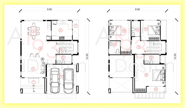 แปลนบ้านสองชั้น แปลนบ้าน 3 ห้องนอน รหัส AR24