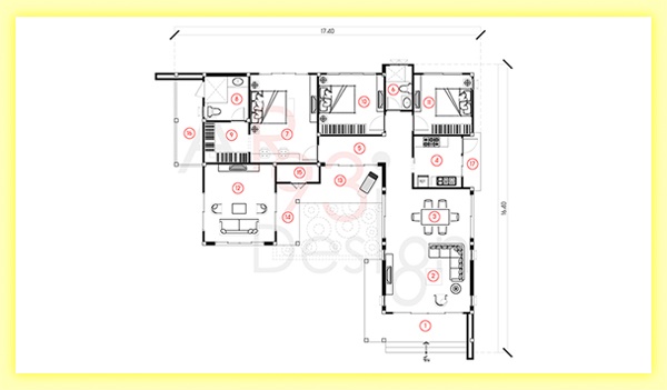 แปลนบ้านชั้นเดียว แปลนบ้าน 3 ห้องนอน รหัส AR34