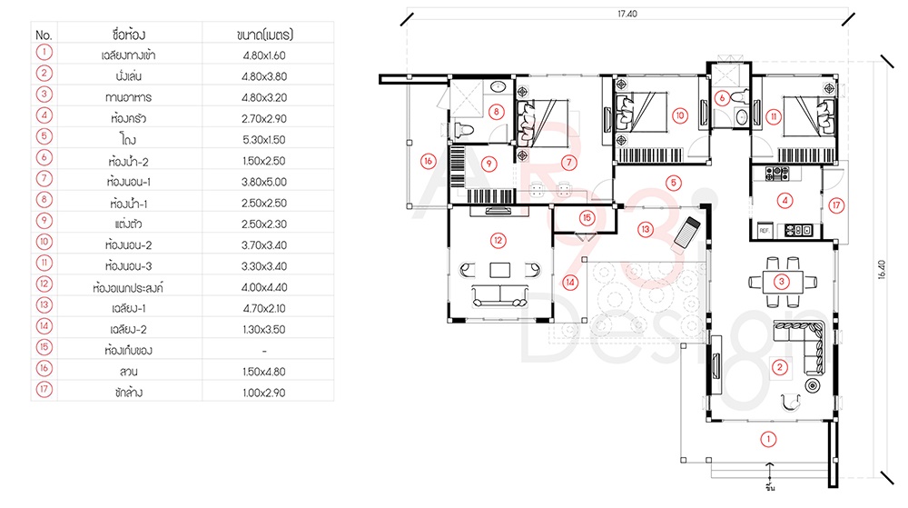 แปลนแบบบ้านชั้นเดียว AR34