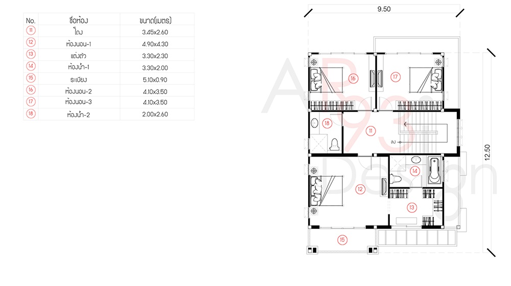 แปลนชั้นสอง แบบบ้านสำเร็จรูปสองชั้น AR27