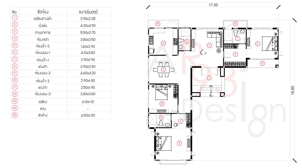 แปลนแบบบ้านสวยชั้นเดียว AR25