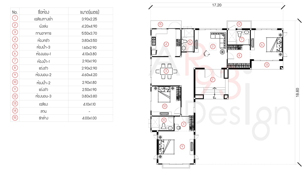 แปลนแบบบ้านสวยชั้นเดียว AR25