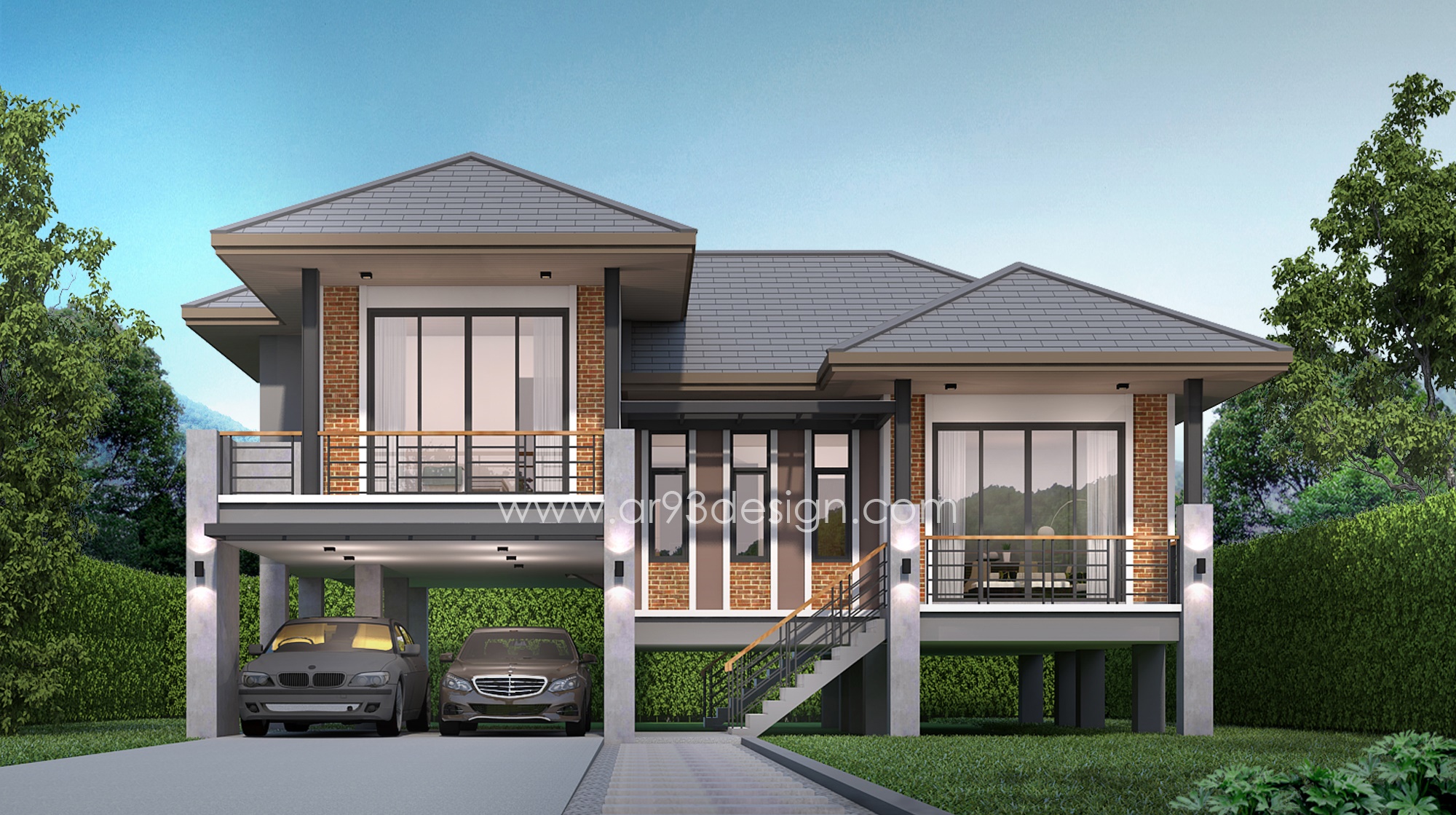 แบบบ้านชั้นเดียวยกพื้นสูง ใต้ถุนโล่ง AR65 AR93 Design แบบบ้านชั้นเดียวยกพื้นสูง ใต้ถุนโล่ง AR65 AR93 Design