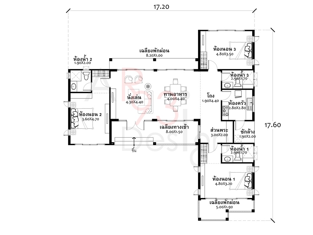 แปลนแบบบ้านชั้นเดียว AR17