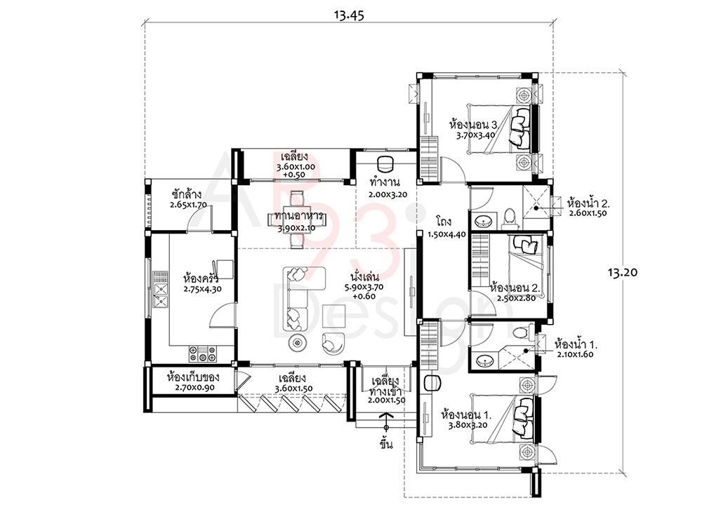 แปลน แบบบ้านสำเร็จรูปชั้นเดียว AR02