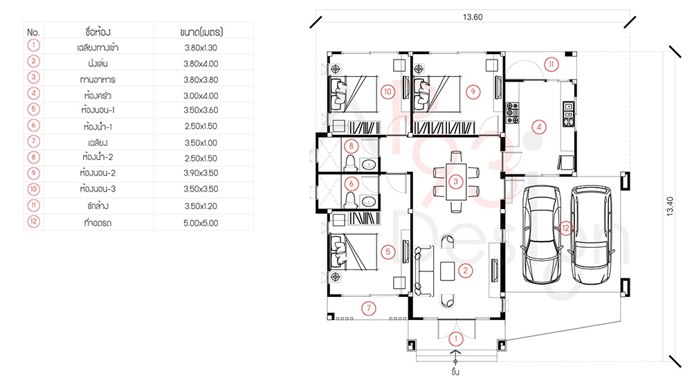 แปลนแบบบ้านสวยชั้นเดียว AR23